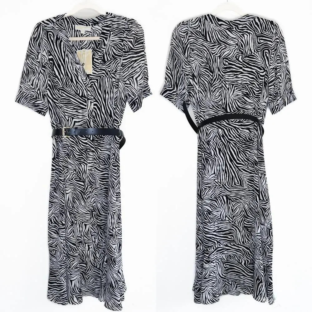 NWT Michael Kors Zebra Print Georgette Belted Puff Sleeve Midi Shirt Dress Med